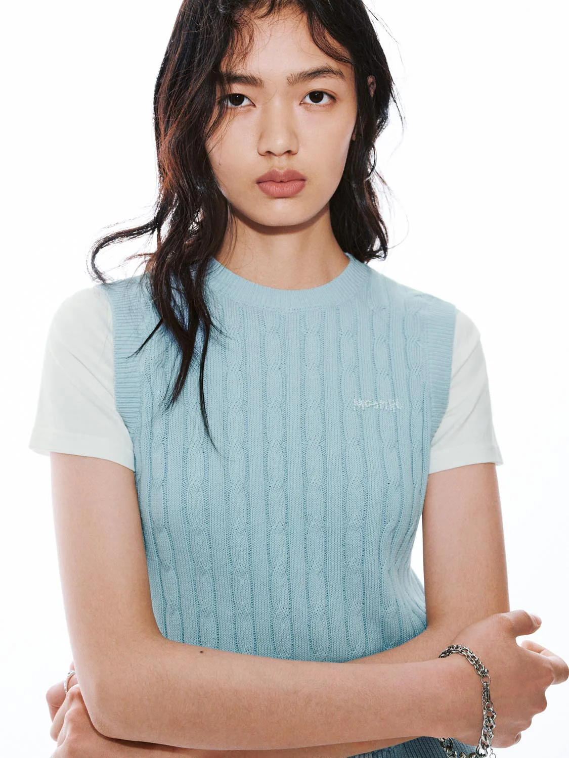 2 In 1 Contrast Cable Knitted T-Shirts - Image 3