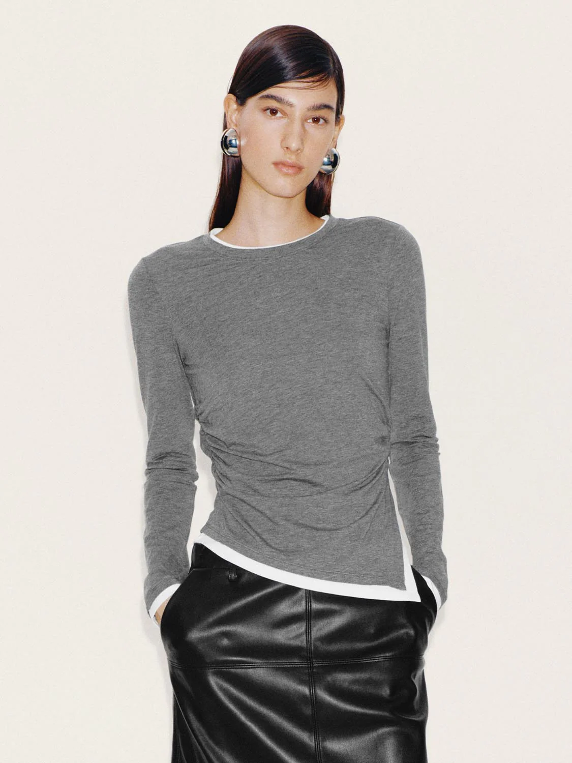 2 In 1 Contrast Ruched Long Sleeve T-Shirts - Image 9