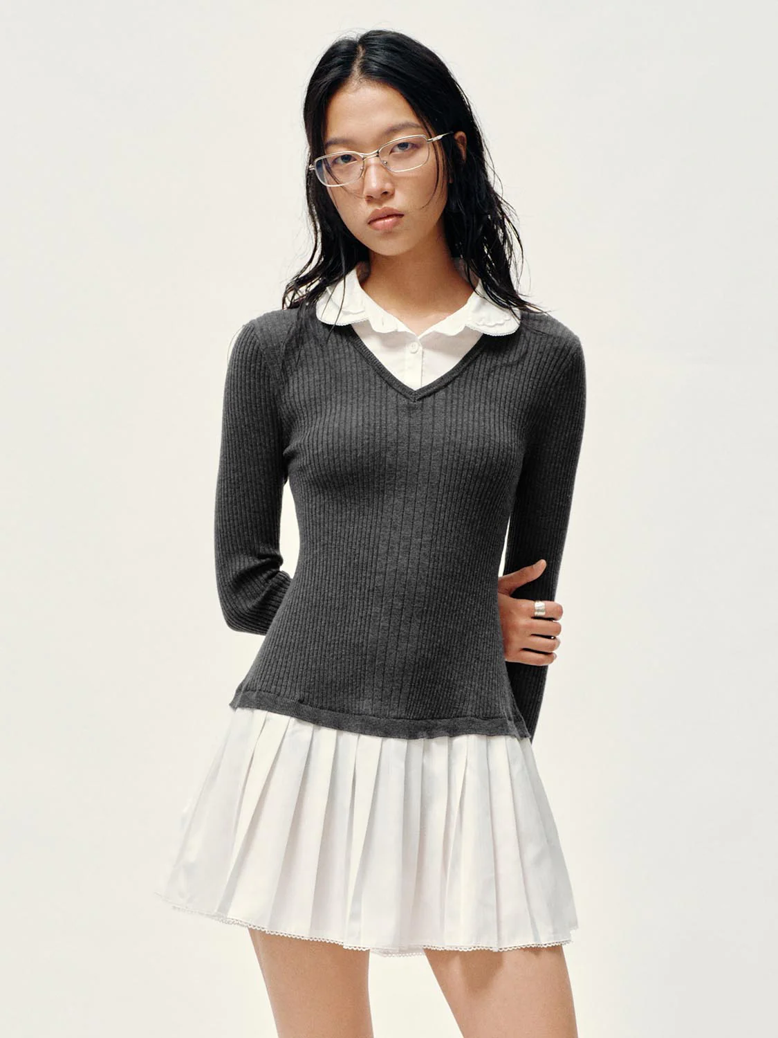 2 In 1 Polo Neck Knitted Pleated Mini Dresses - Image 9