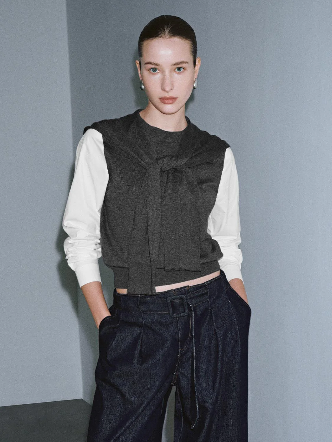 2 In 1 Scarf Contrast Long Sleeve Knitted T-Shirts - Image 17