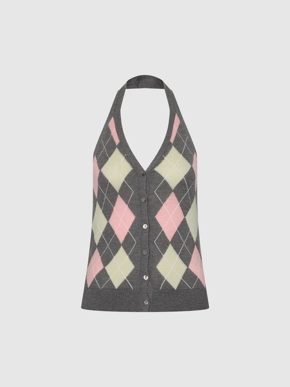 Argyle Halter Neck Sleeveless Knitted Cardigans - Image 4