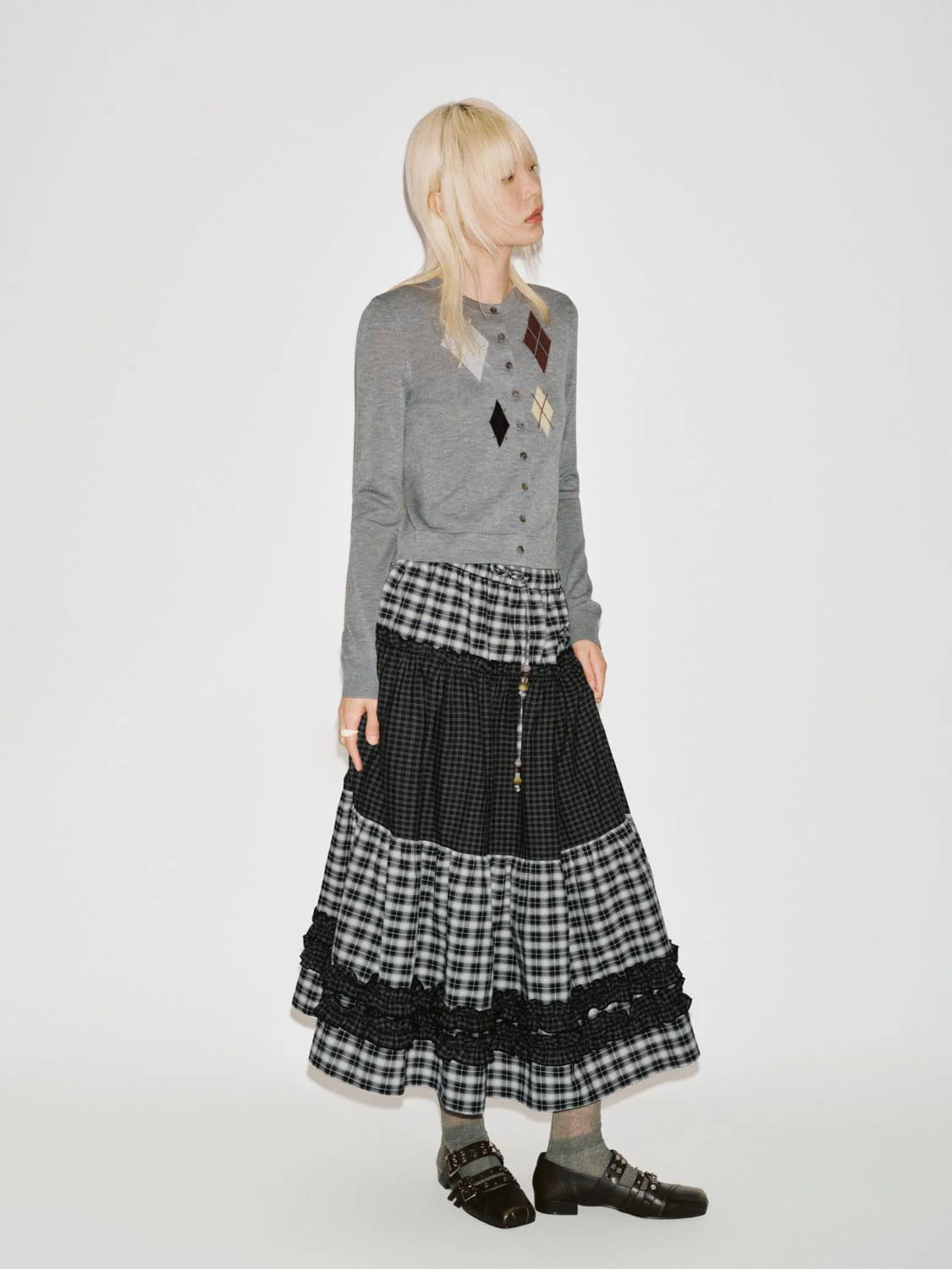 Argyle Intarsia Crew Neck Knitted Cardigan - Image 4