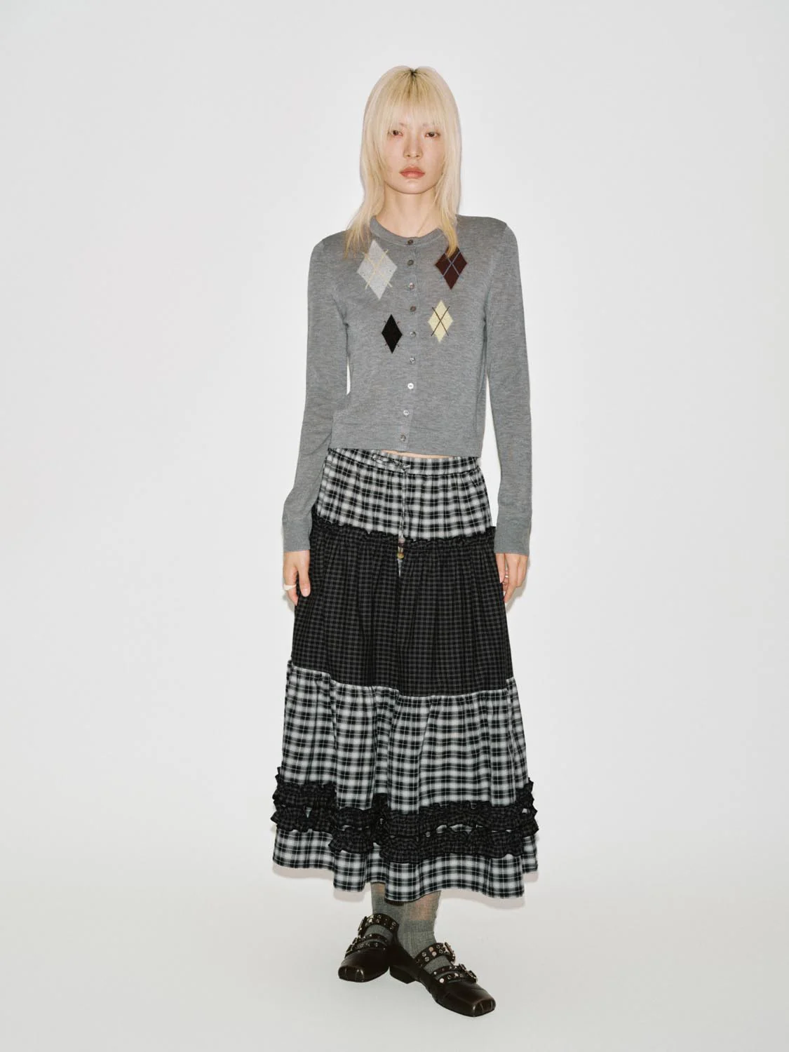 Argyle Intarsia Crew Neck Knitted Cardigan - Image 5