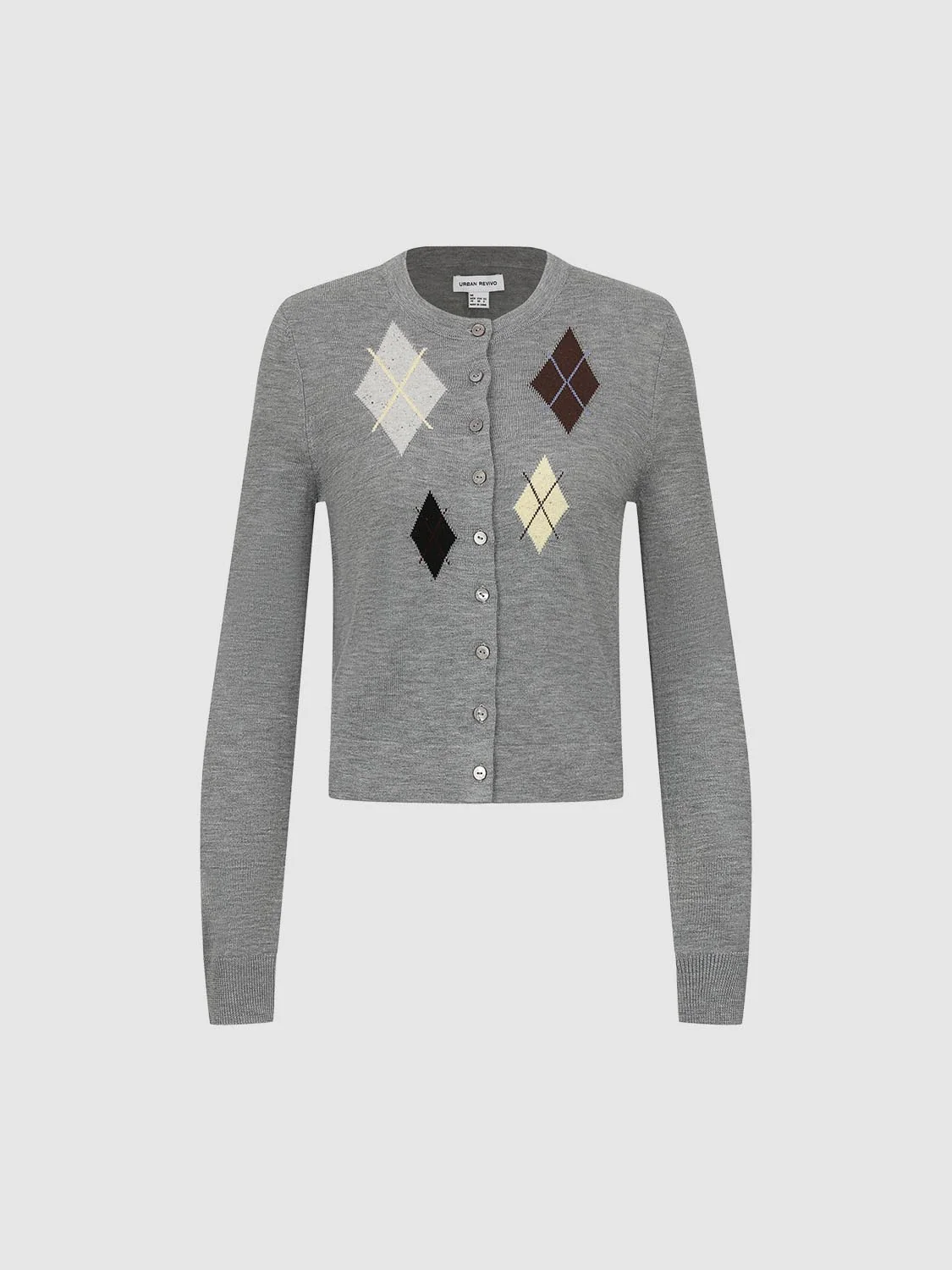 Argyle Intarsia Crew Neck Knitted Cardigan - Image 7