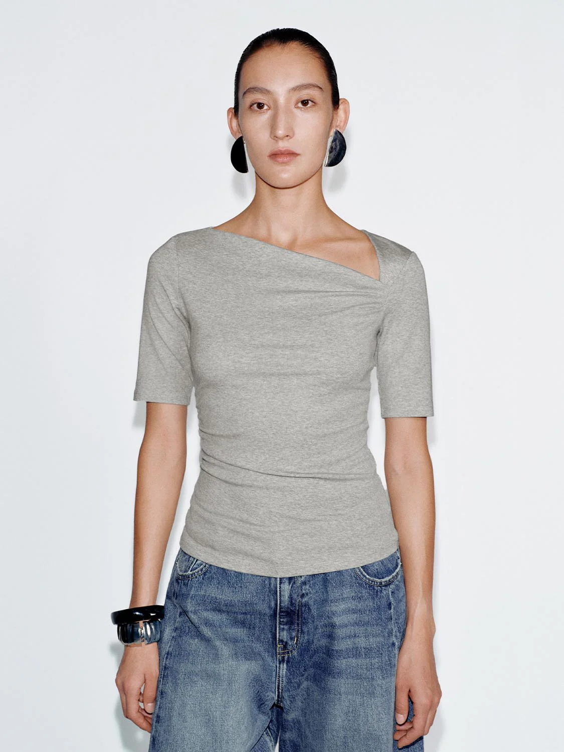 Asymmetric Neck Ruched Skinny Fit T-Shirts - Image 19