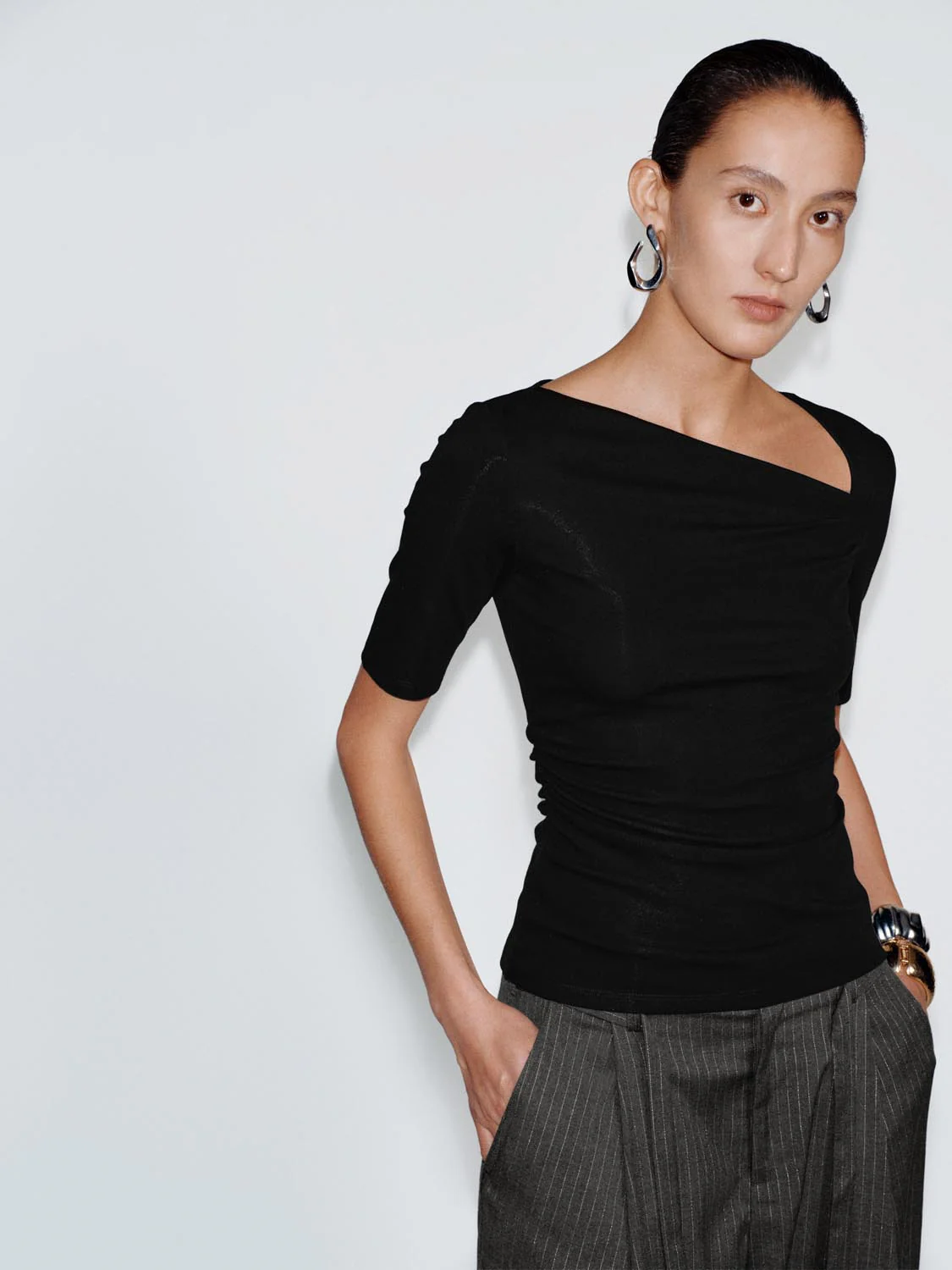 Asymmetric Neck Ruched Skinny Fit T-Shirts - Image 2