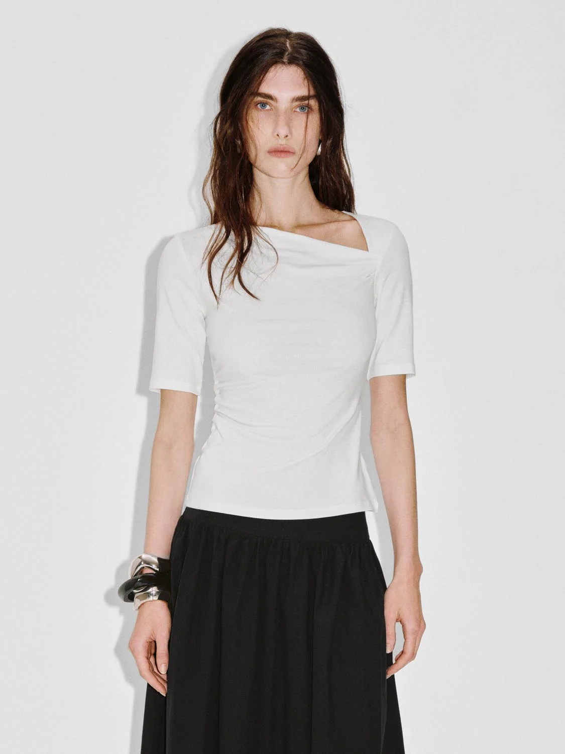 Asymmetric Neck Ruched Skinny Fit T-Shirts - Image 20