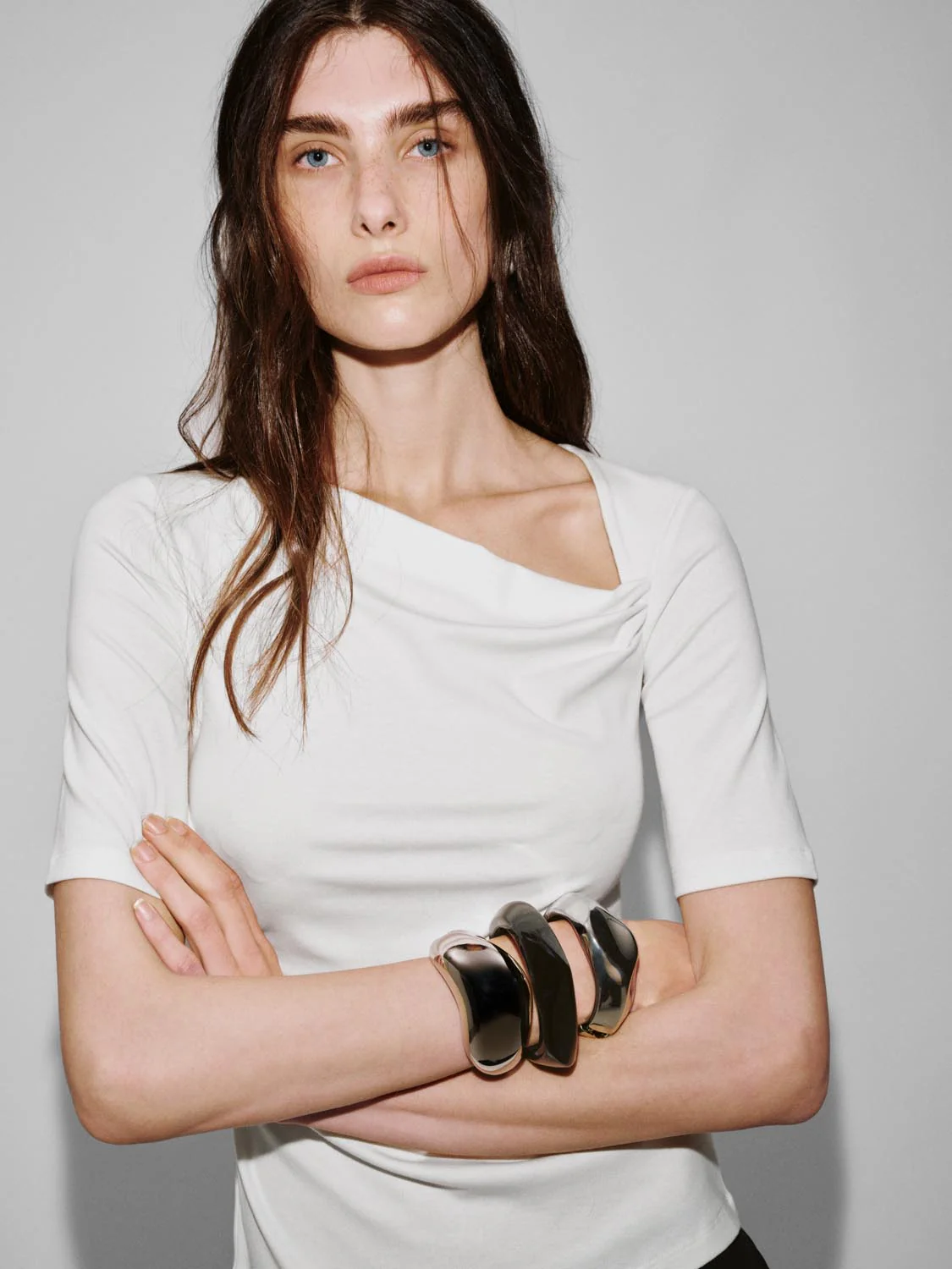 Asymmetric Neck Ruched Skinny Fit T-Shirts - Image 9