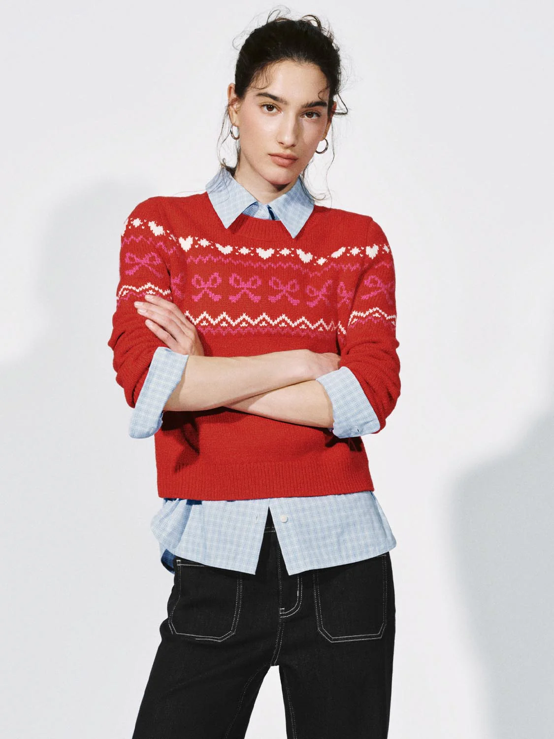 Balloon Hem Intarsia Long Sleeve Knitted T-Shirts