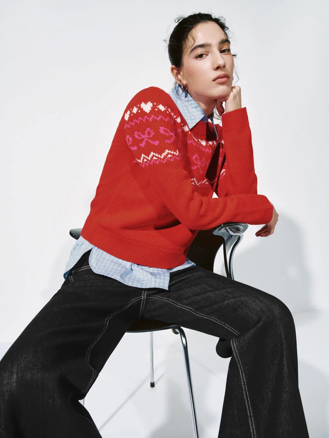 Balloon Hem Intarsia Long Sleeve Knitted T-Shirts - Image 2