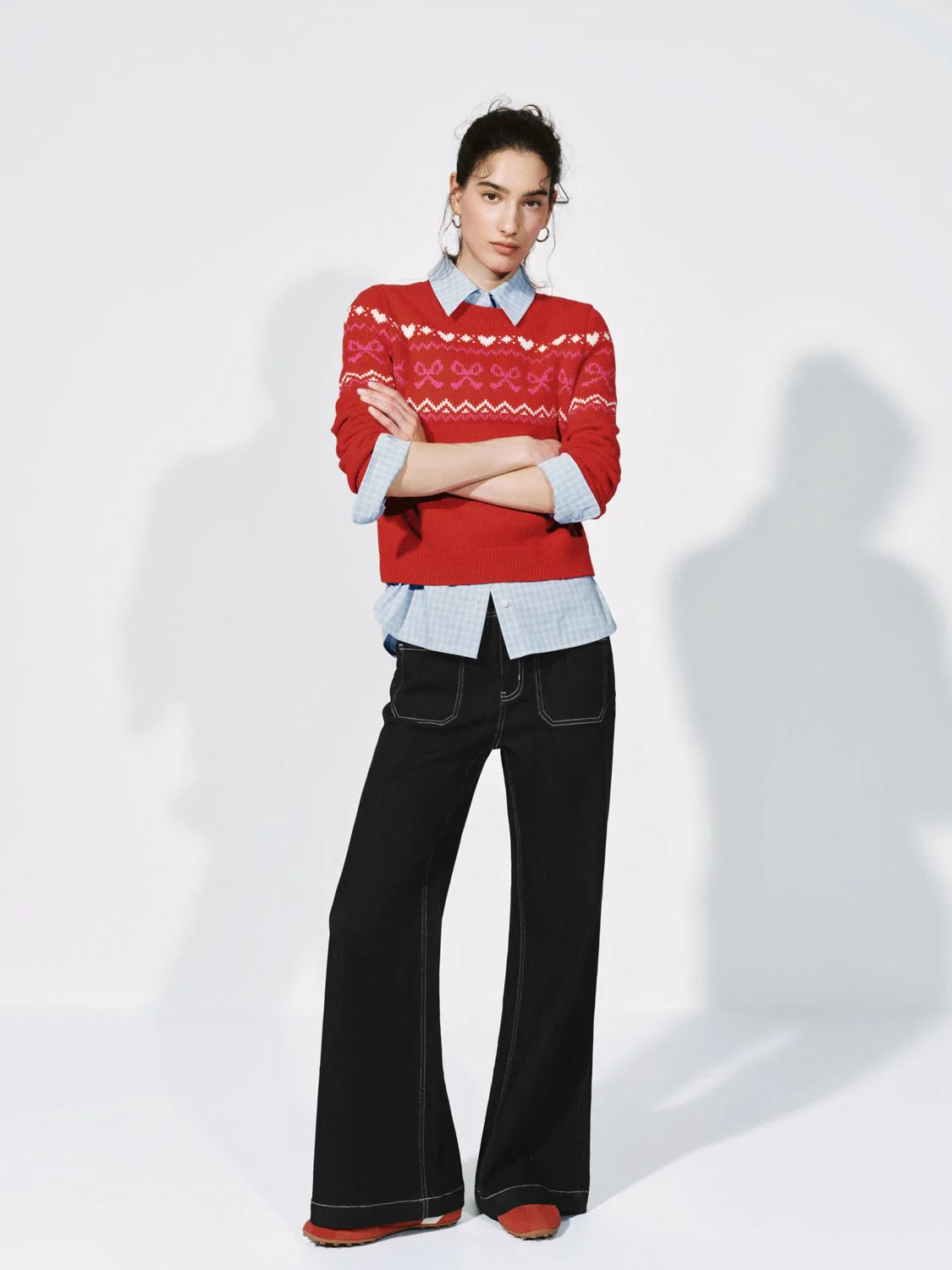 Balloon Hem Intarsia Long Sleeve Knitted T-Shirts - Image 4