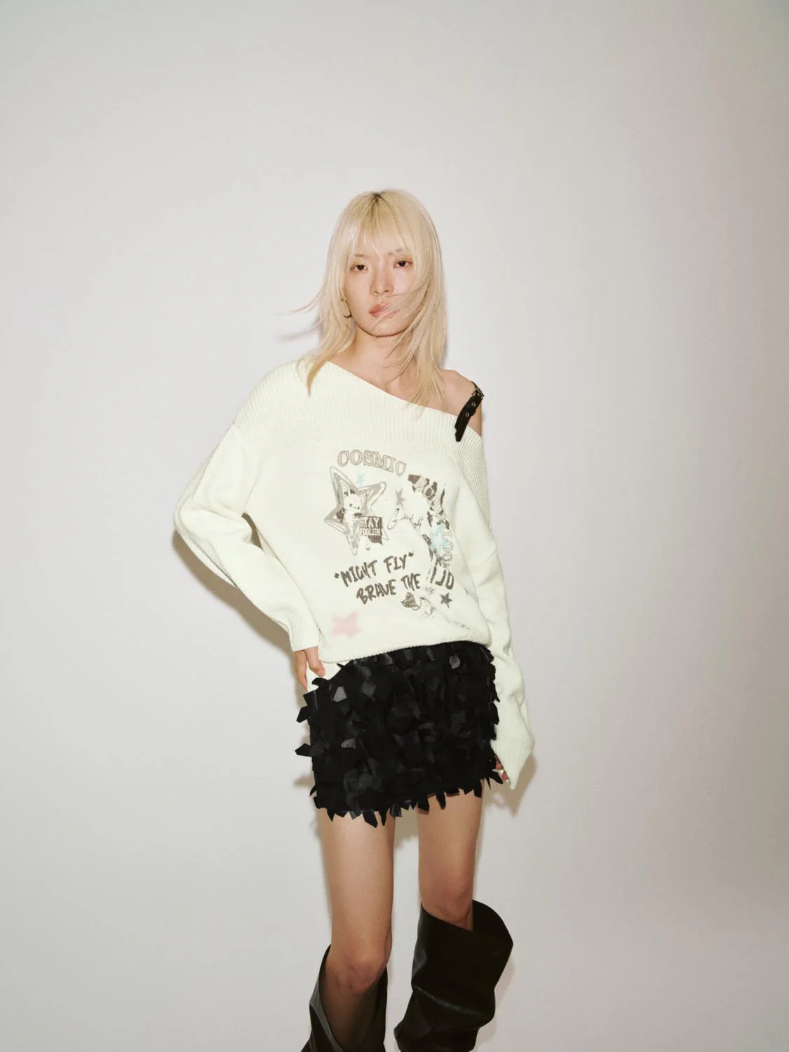 Belt Detail One Shoulder Long Sleeve Knitted T-Shirts - Image 2