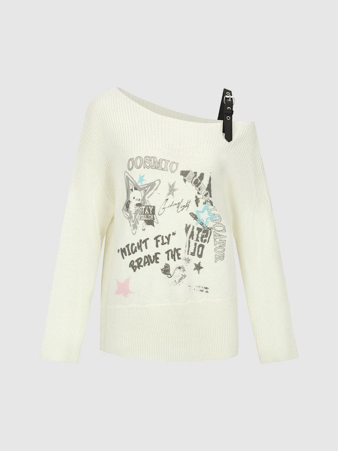 Belt Detail One Shoulder Long Sleeve Knitted T-Shirts - Image 7