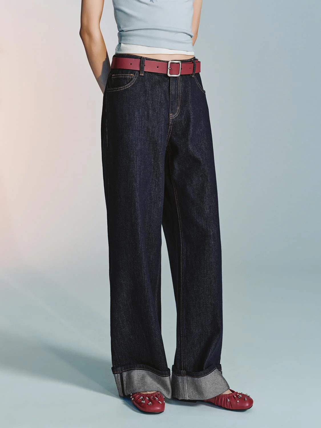 Belted Cuffed Wide Leg Jeans - Image 3