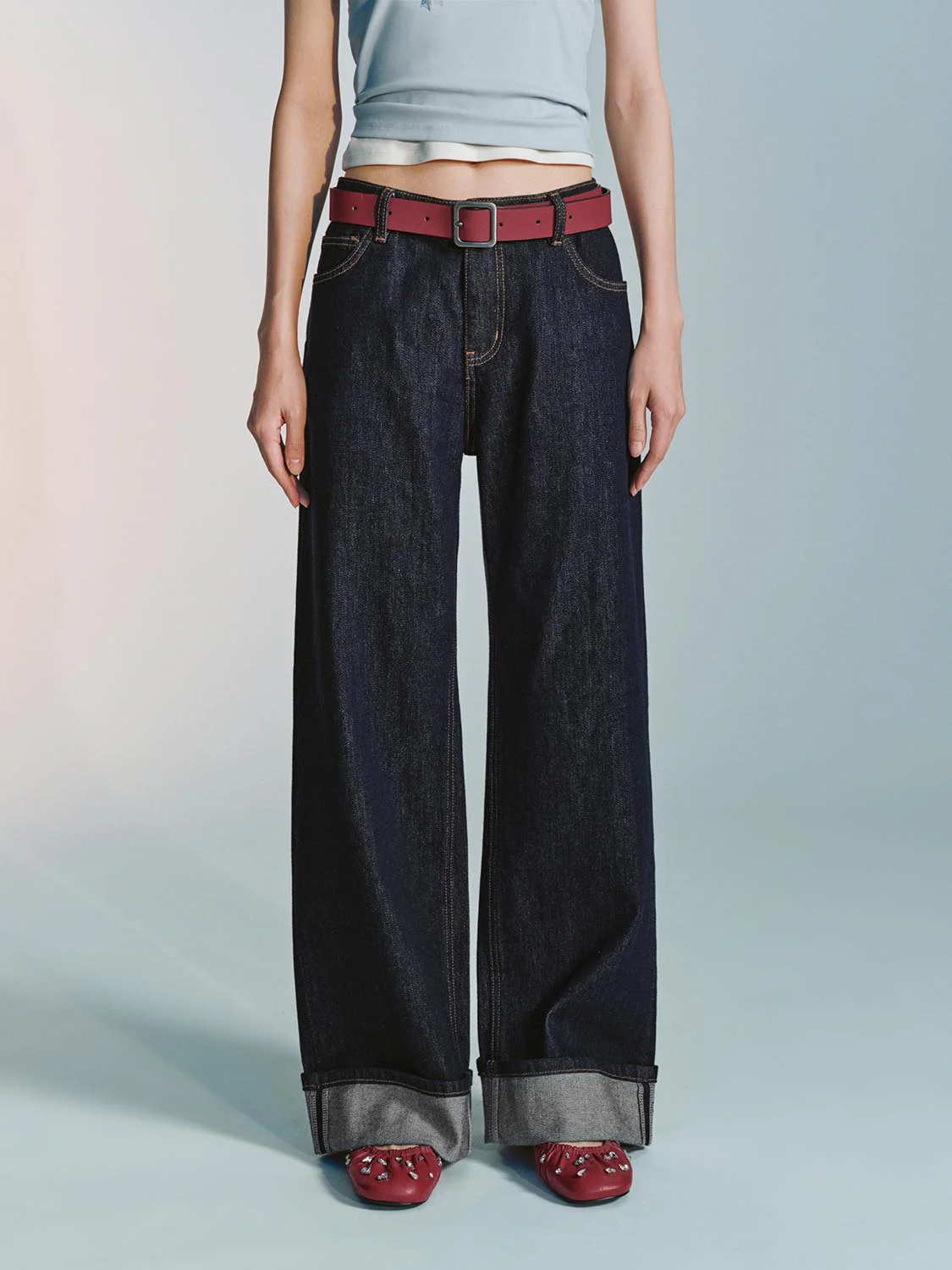 Belted Cuffed Wide Leg Jeans - Image 9