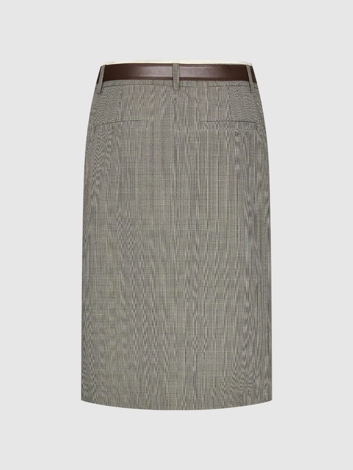 Belted Gold Button Detail Check Straight Midi Skirts - Image 2