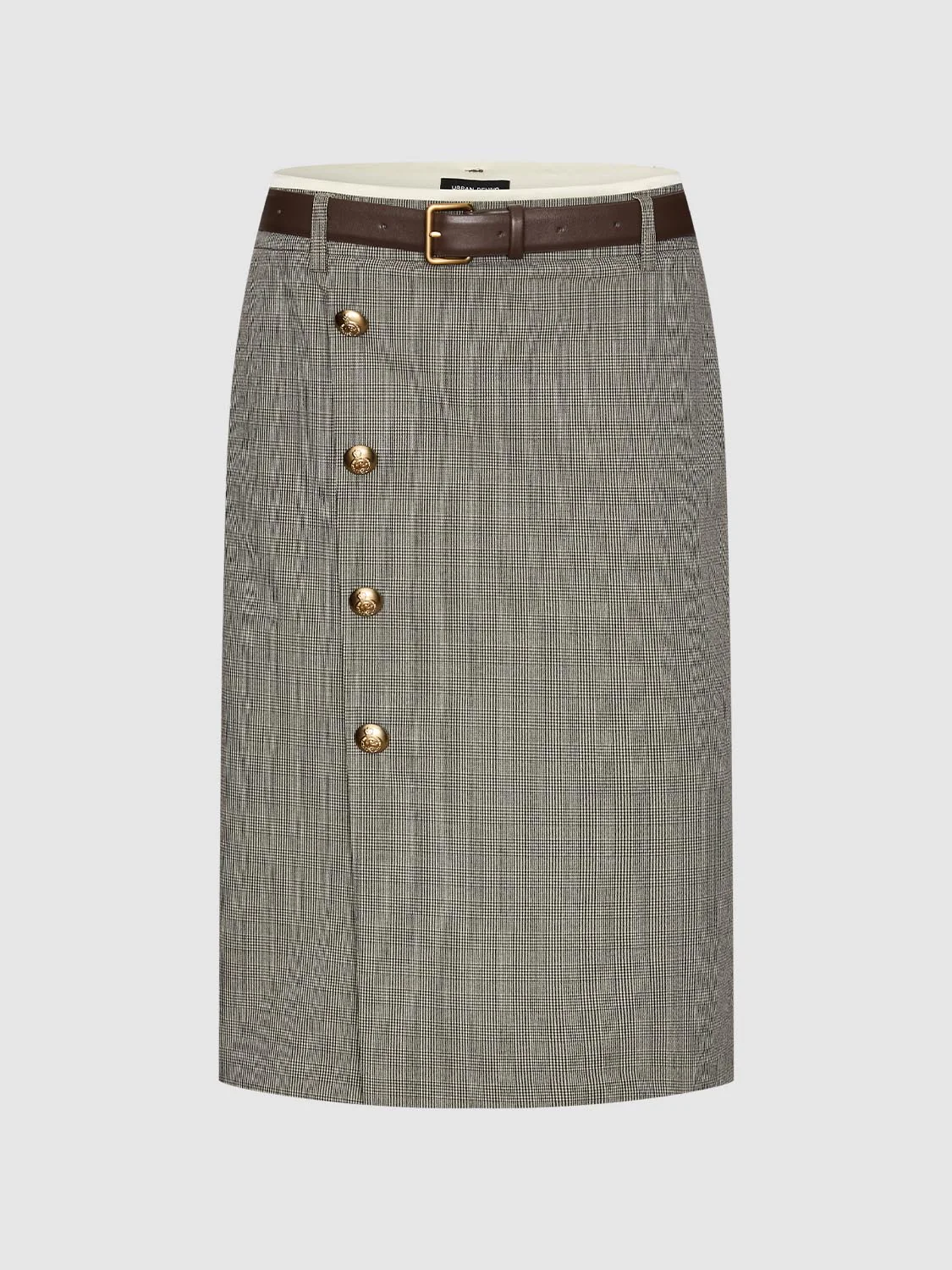 Belted Gold Button Detail Check Straight Midi Skirts - Image 4