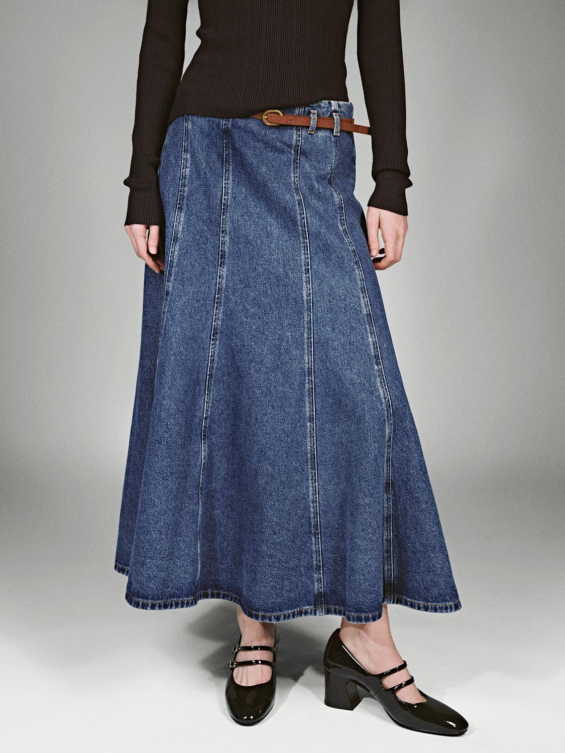 Belted Pleated Seam Detail Denim Maxi Skirts - Image 9