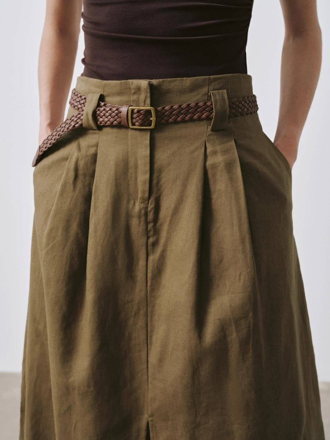Belted Pleated Slit Detail A-Line Midi Skirts - Image 5