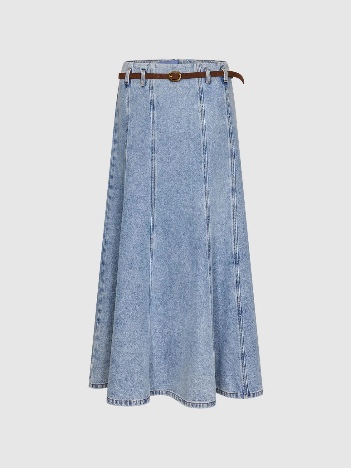 Belted Seamed Denim Midi Skirts - Image 2