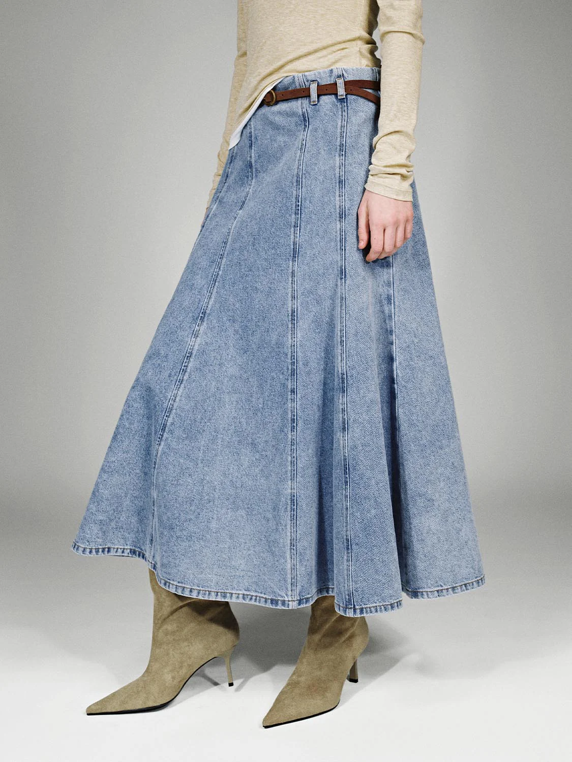 Belted Seamed Denim Midi Skirts - Image 3