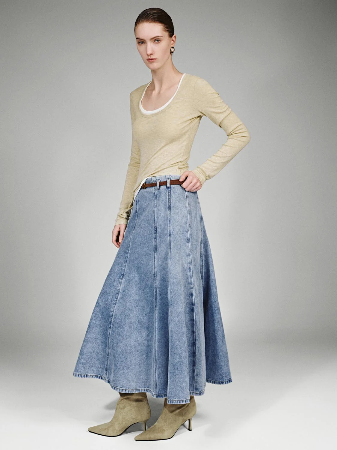 Belted Seamed Denim Midi Skirts - Image 6