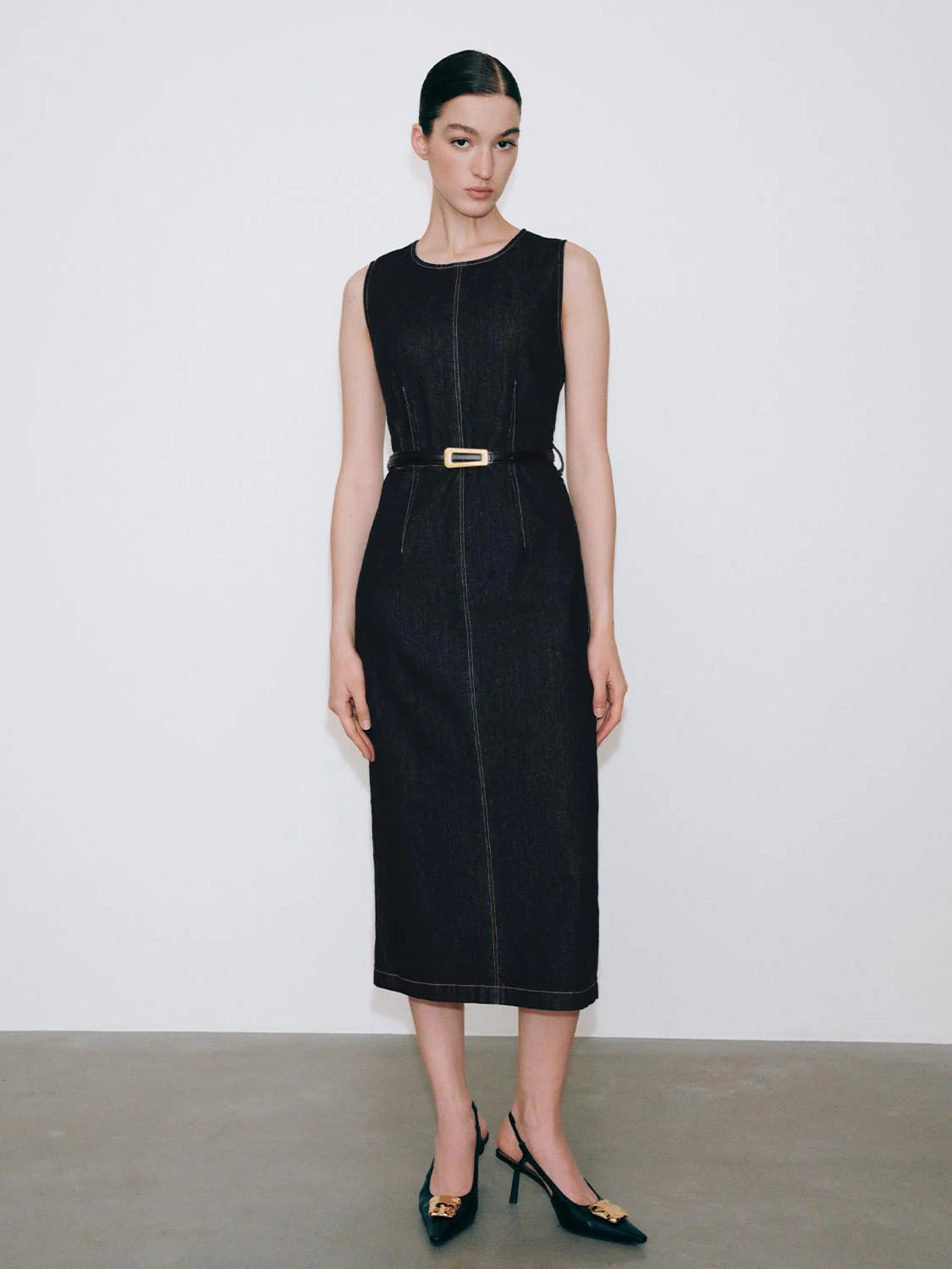 Belted Sleeveless Denim Midi Dresses - Image 4