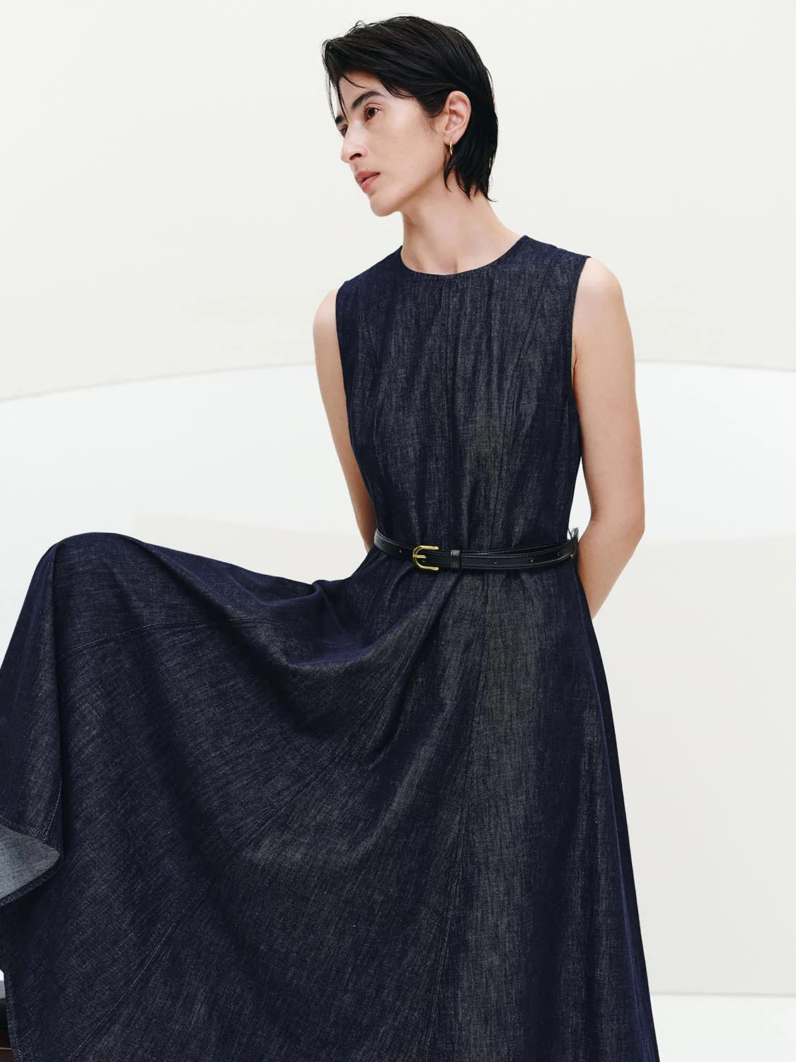 Belted Sleeveless Denim Midi Dresses - Image 3