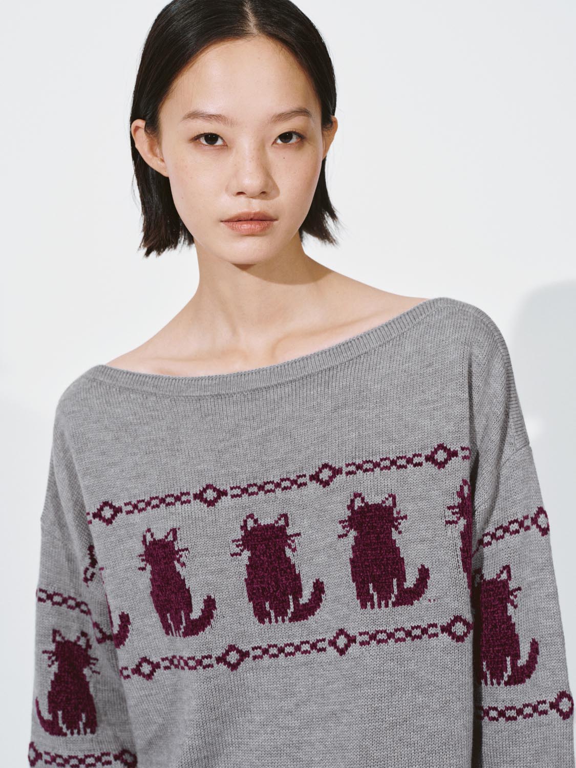 Boat Neck Intarsia Long Sleeve Knitted T-Shirts - Image 3