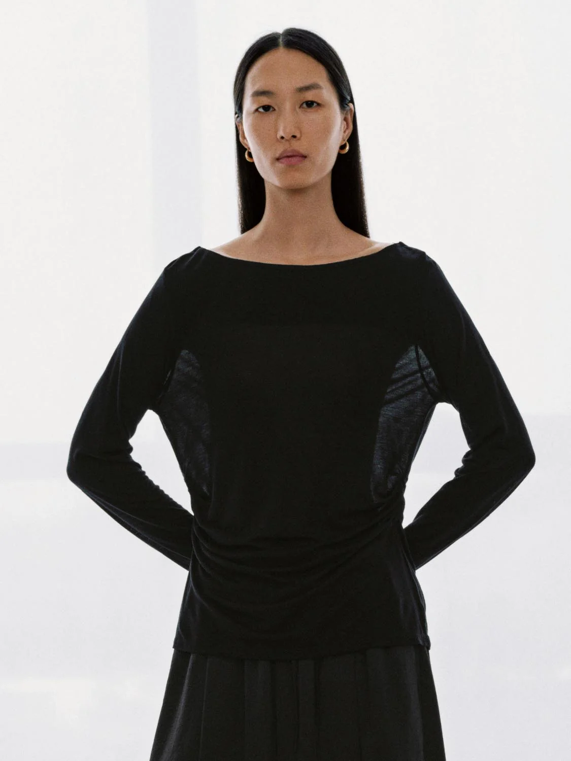 Boat Neck Long Sleeve Ruched T-Shirts