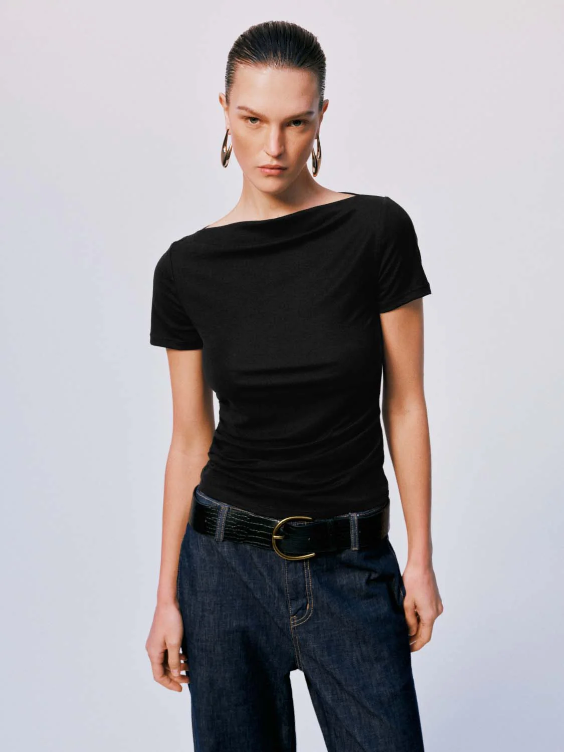 Boat Neck Ruched Skinny-Fit T-Shirts