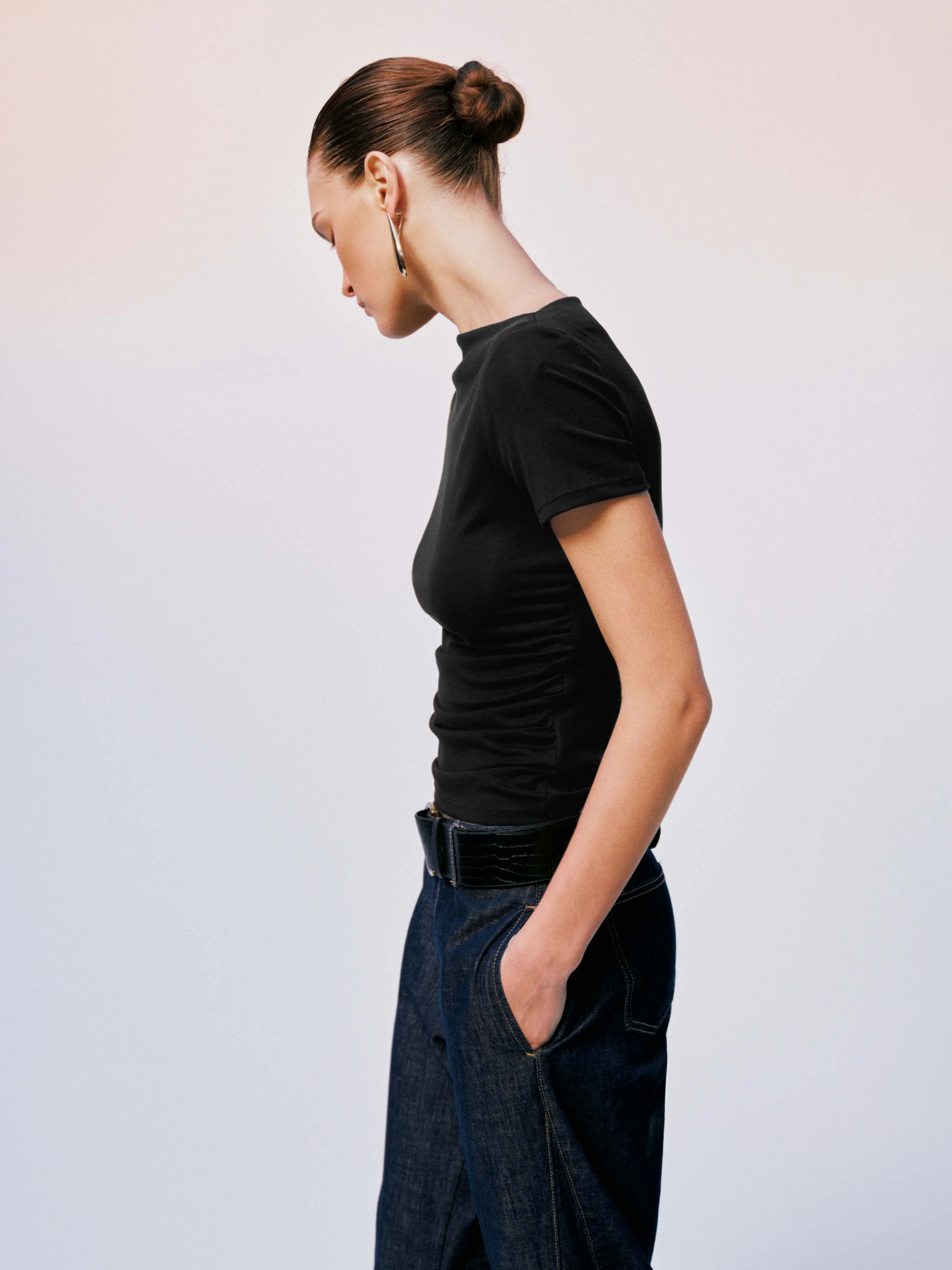 Boat Neck Ruched Skinny-Fit T-Shirts - Image 2