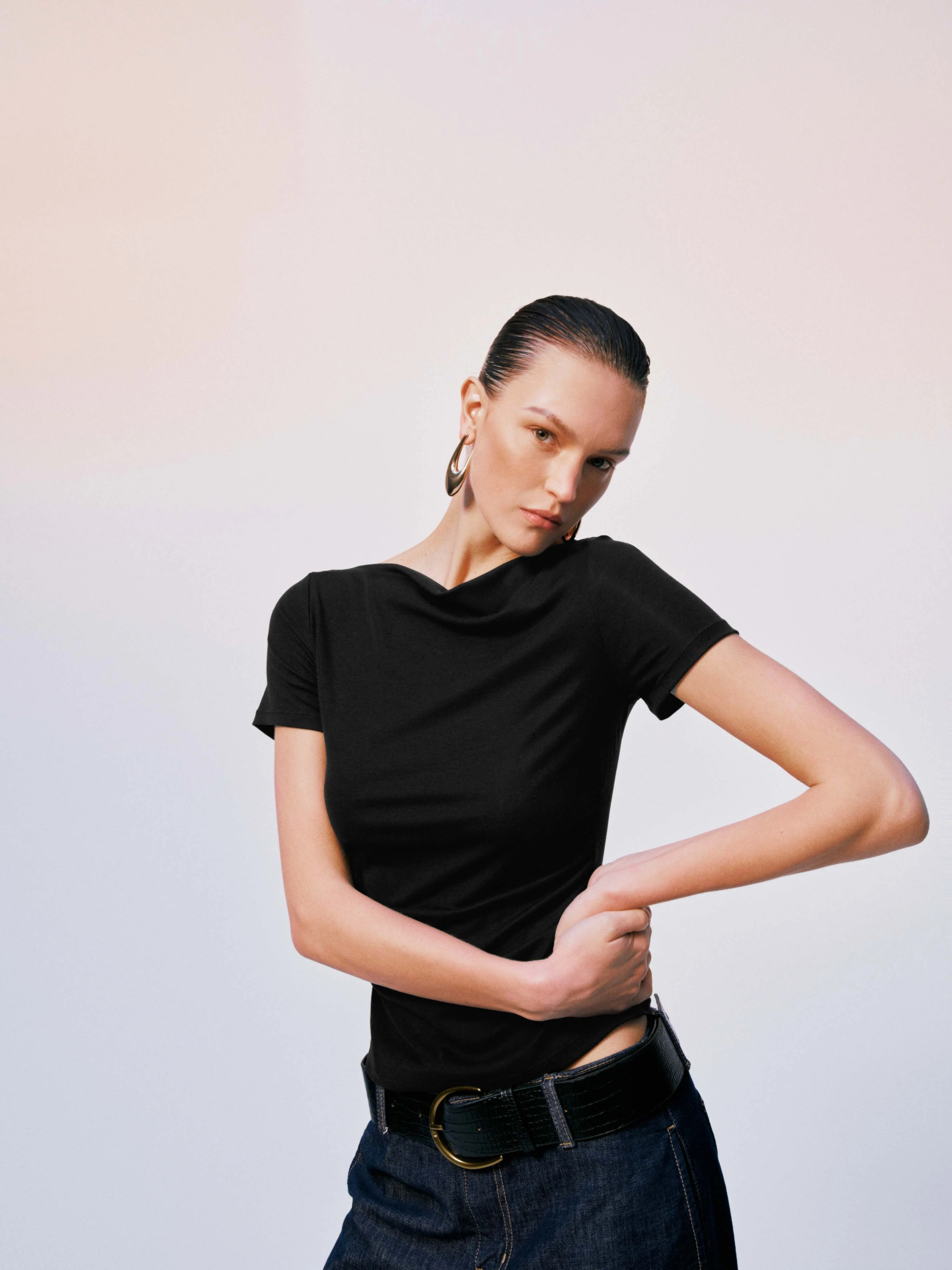 Boat Neck Ruched Skinny-Fit T-Shirts - Image 3