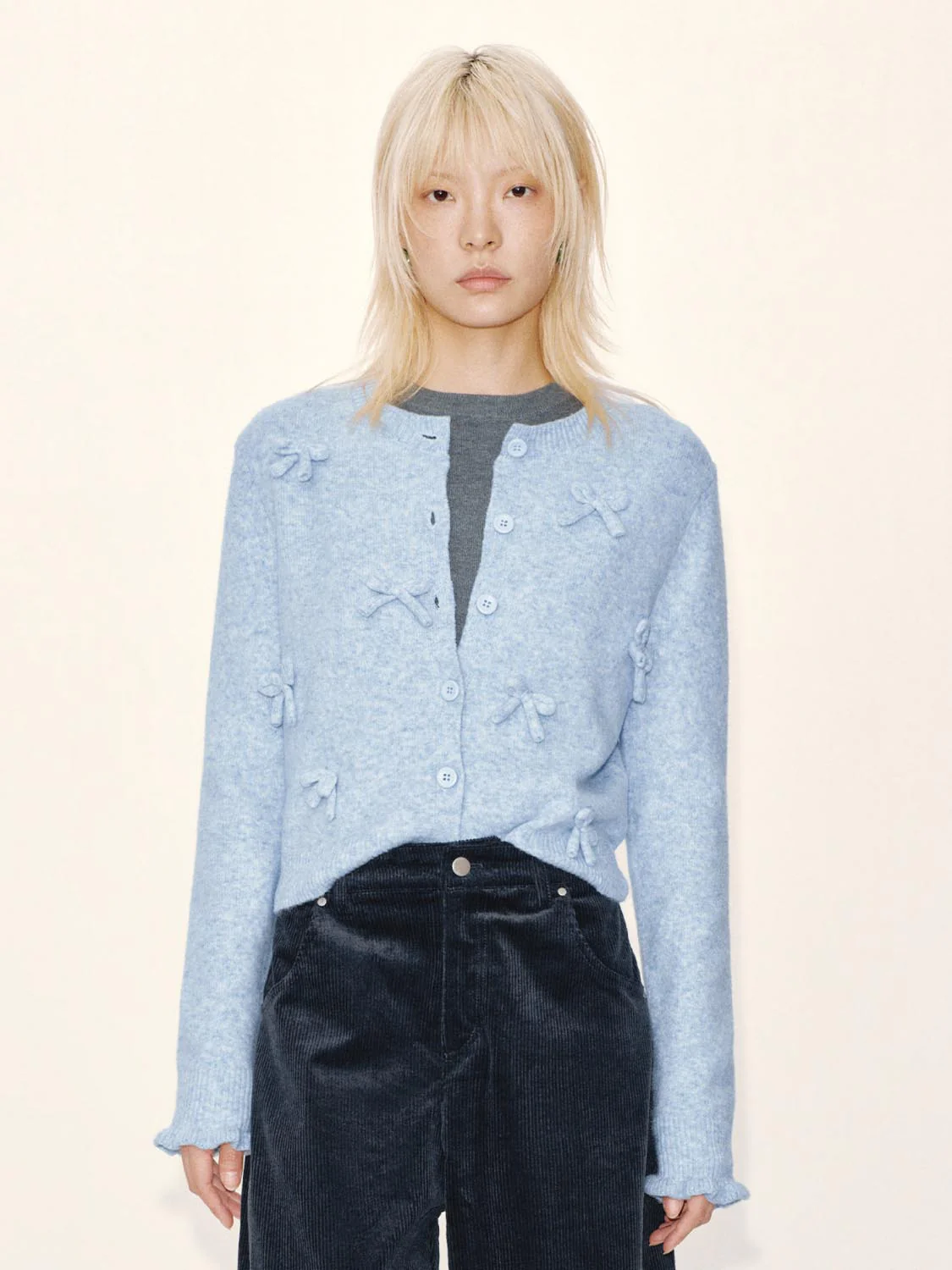 Bow Applique Crew Neck Knitted Cardigans - Image 12
