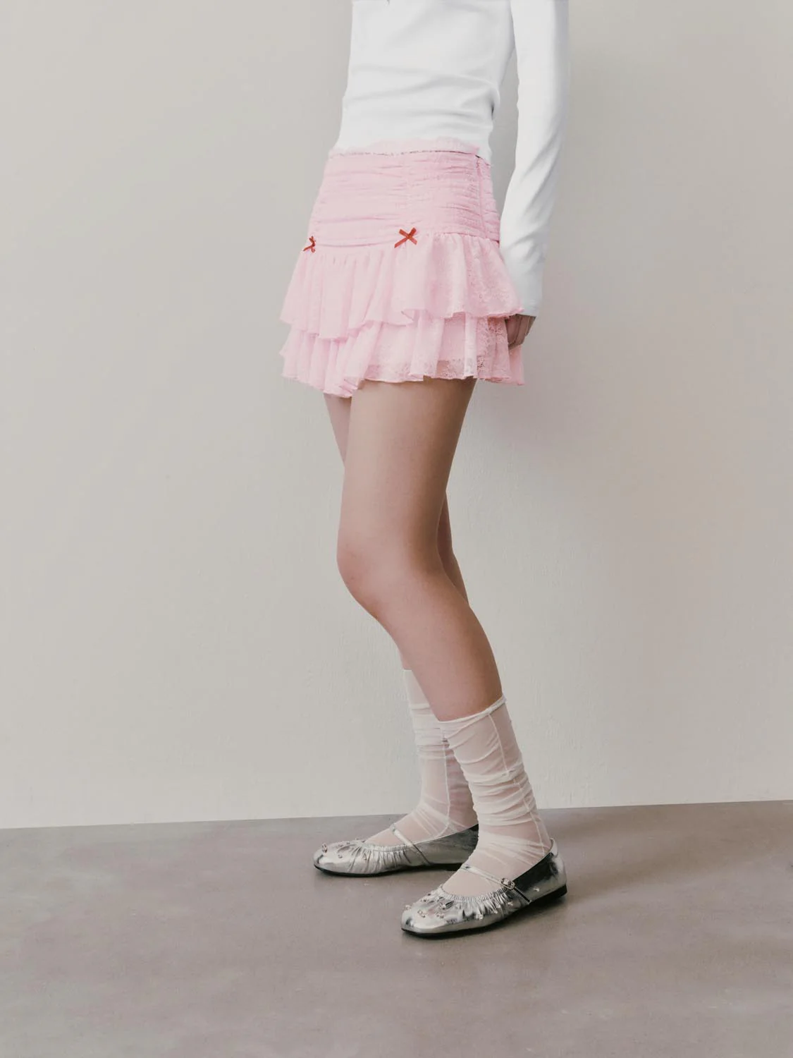 Bow Detail Laced Tiered Mini Skirts - Image 3