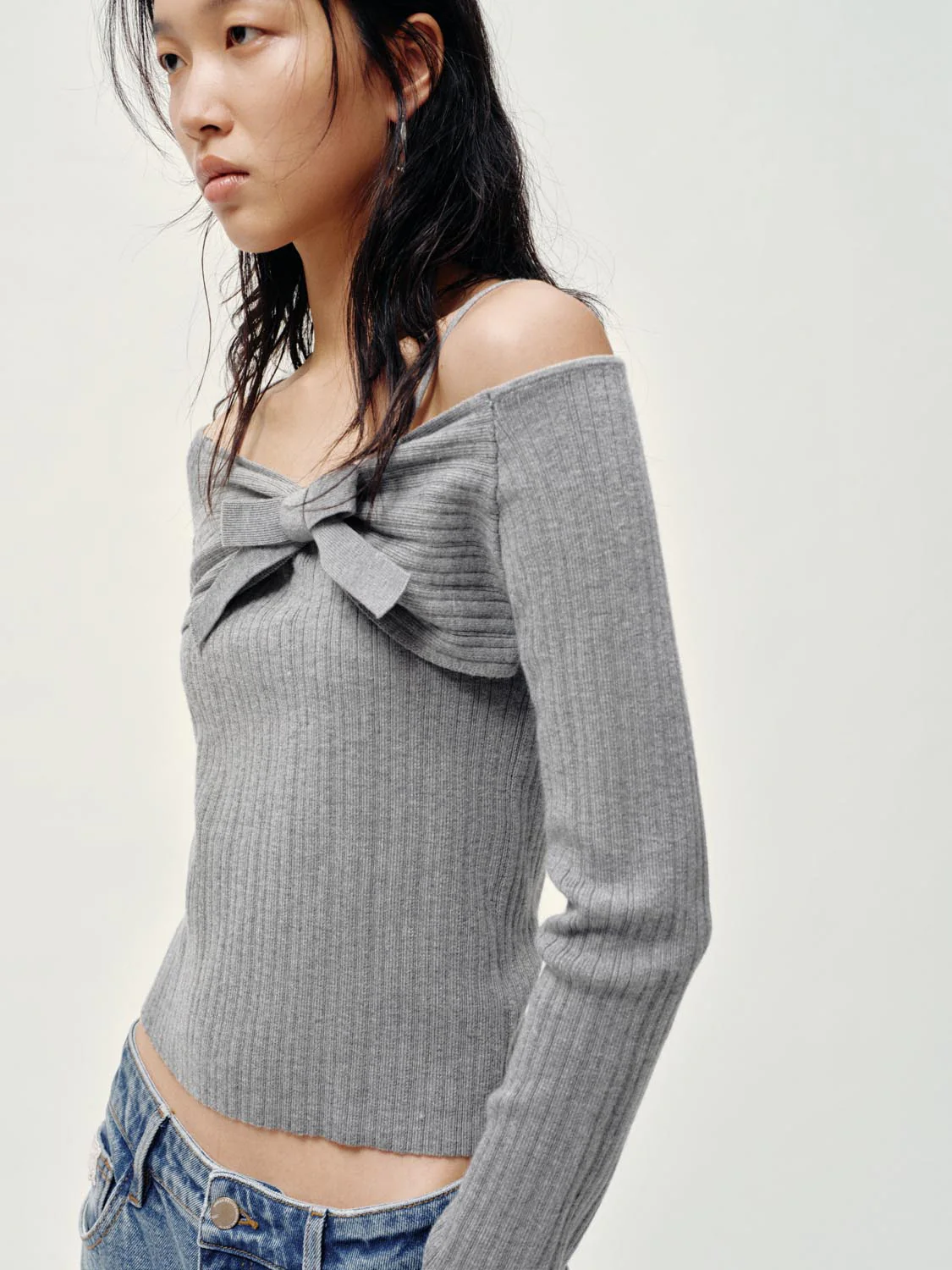 Bow Detail Off Shoulder Long Sleeve Knitted T-Shirts - Image 2