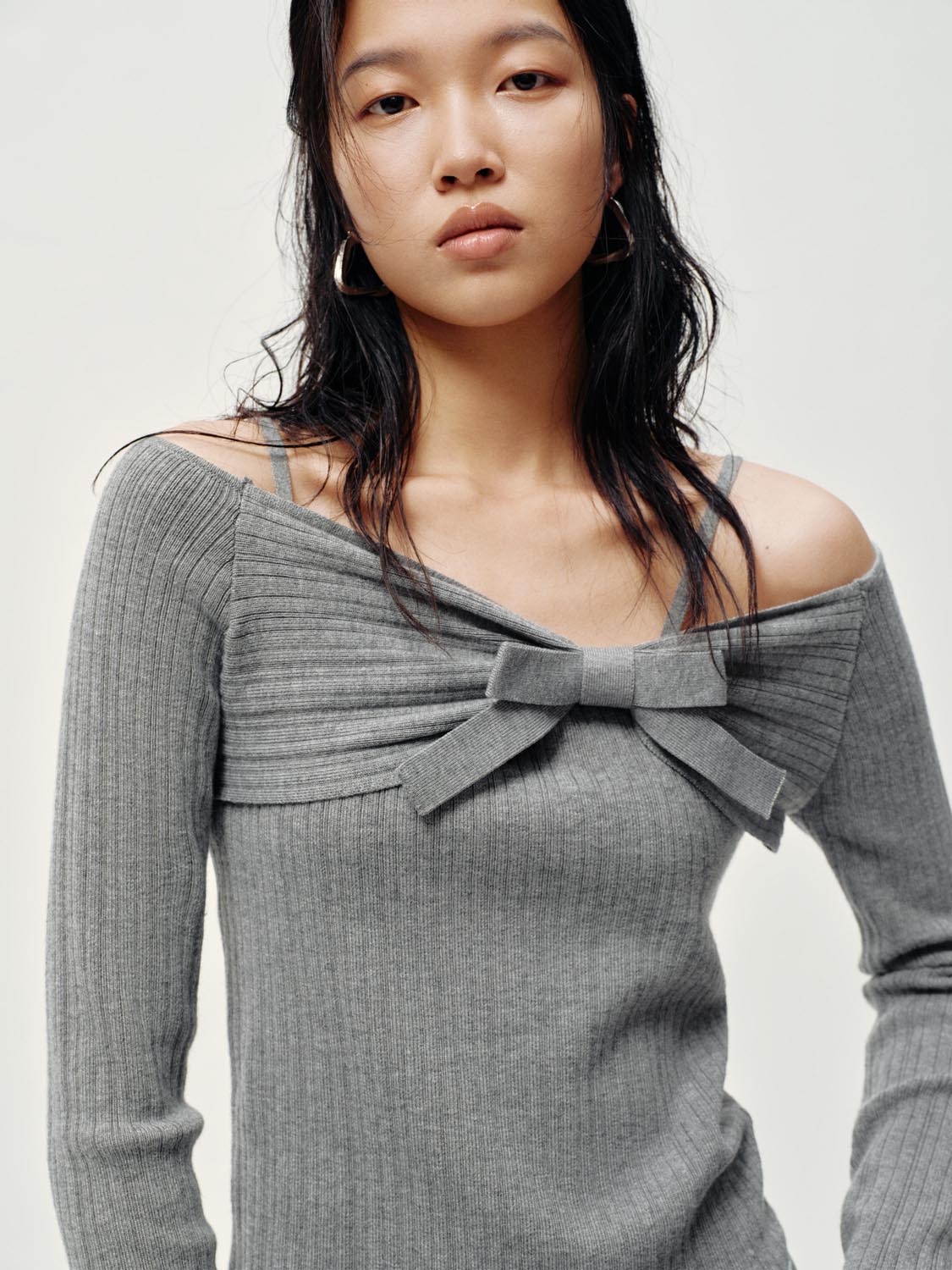 Bow Detail Off Shoulder Long Sleeve Knitted T-Shirts - Image 3