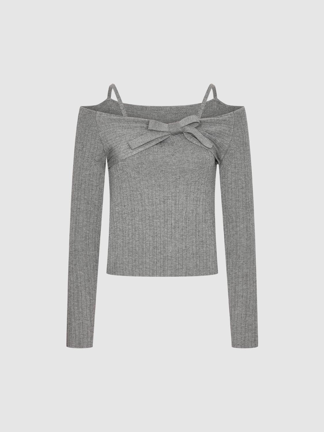 Bow Detail Off Shoulder Long Sleeve Knitted T-Shirts - Image 7