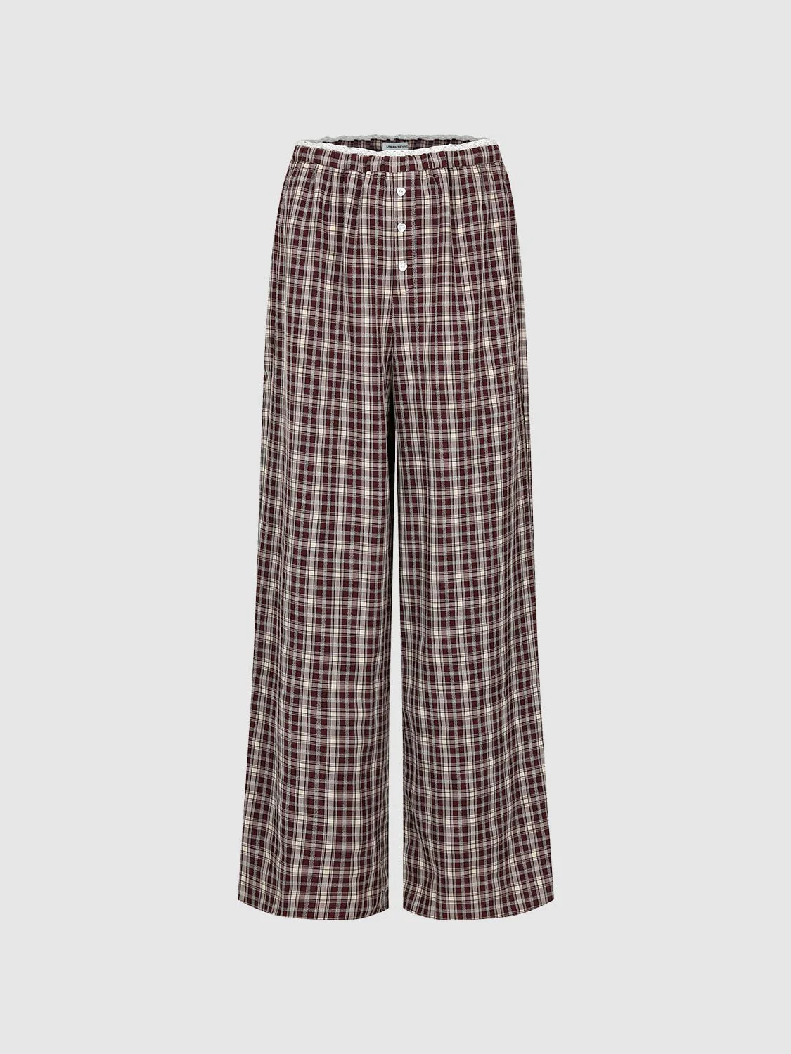 Button Detail Contrast Trim Check Wide Leg Pants