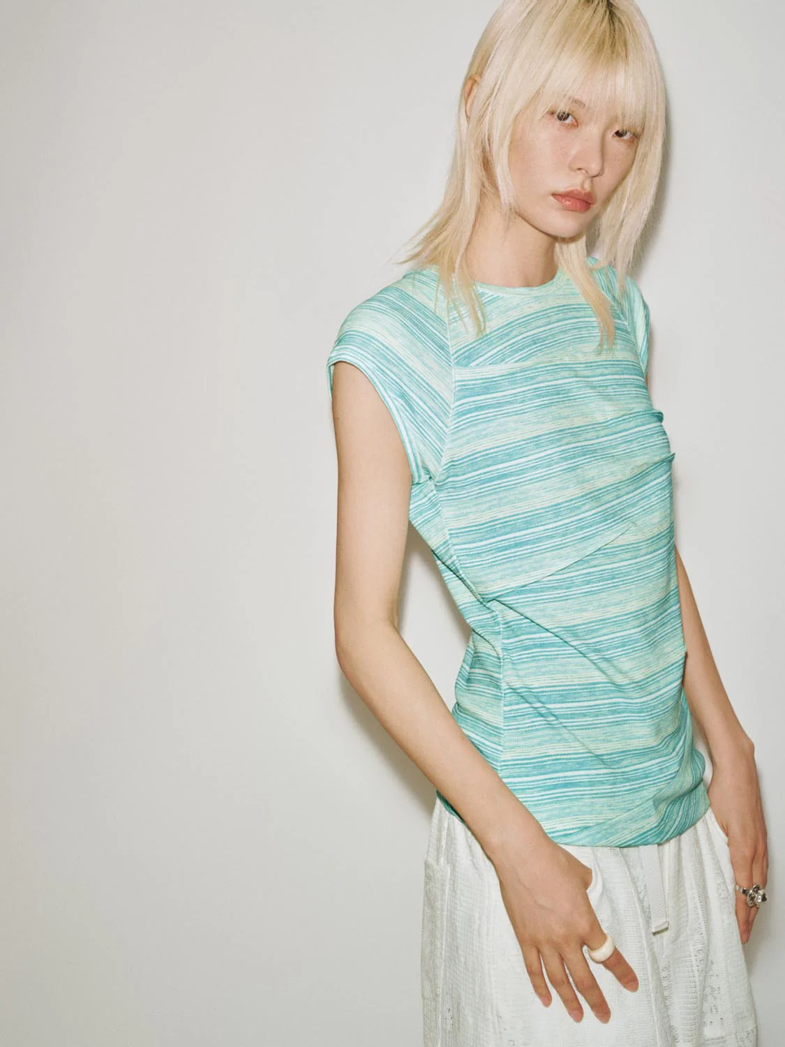Capped Sleeve Contrast Striped Skinny-Fit T-Shirts - Image 2