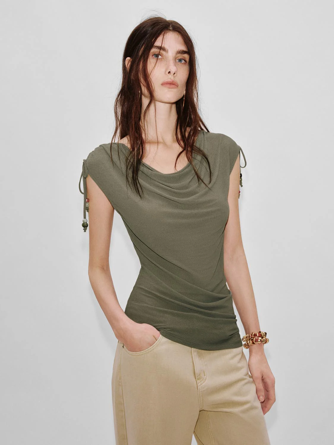 Capped Sleeve Cowl Neck Ruched T-Shirts