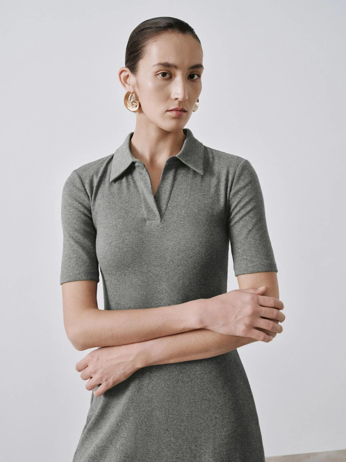Collared Short Sleeve A-Line Midi Dresses - Image 3
