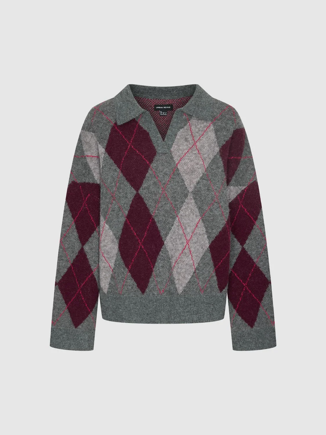 Collared V-Neck Argyle Long Sleeve Knitted T-Shirts