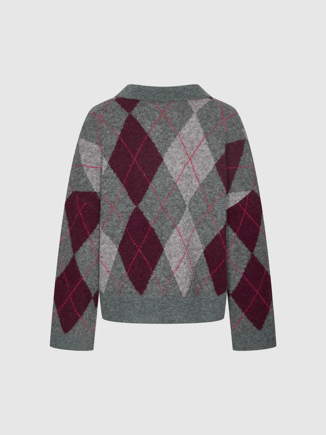 Collared V-Neck Argyle Long Sleeve Knitted T-Shirts - Image 2