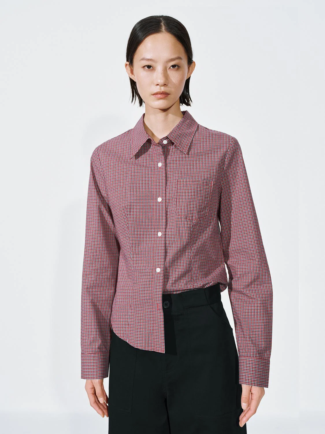 Contrast Check Cropped Nipped Waist Shirts - Image 9