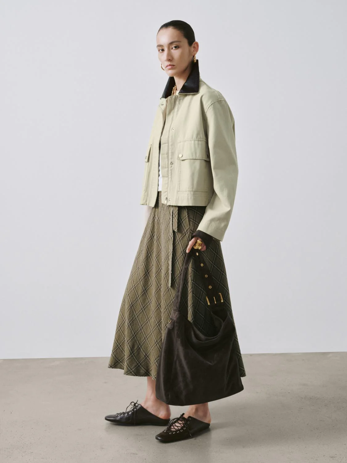 Contrast Check Tie Belted A-Line Midi Skirts - Image 5
