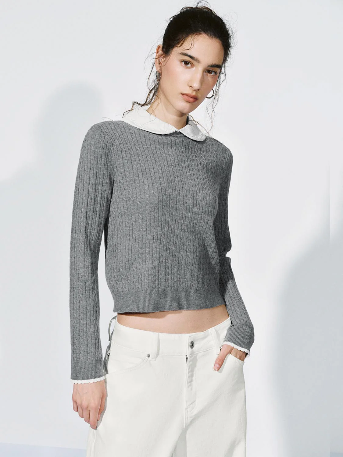 Contrast Collar Long Sleeve Knitted T-Shirts - Image 9