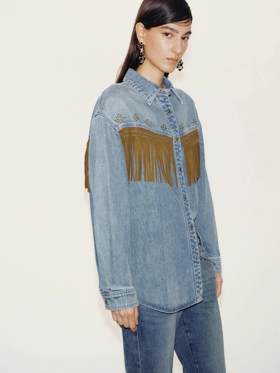 Contrast Fringe Detail Denim Shirts - Image 2
