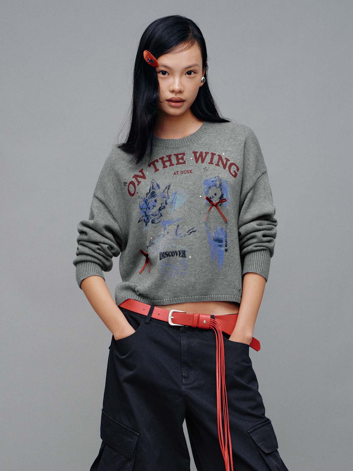 Contrast Intarsia Embellished Long Sleeve Knitted T-Shirts