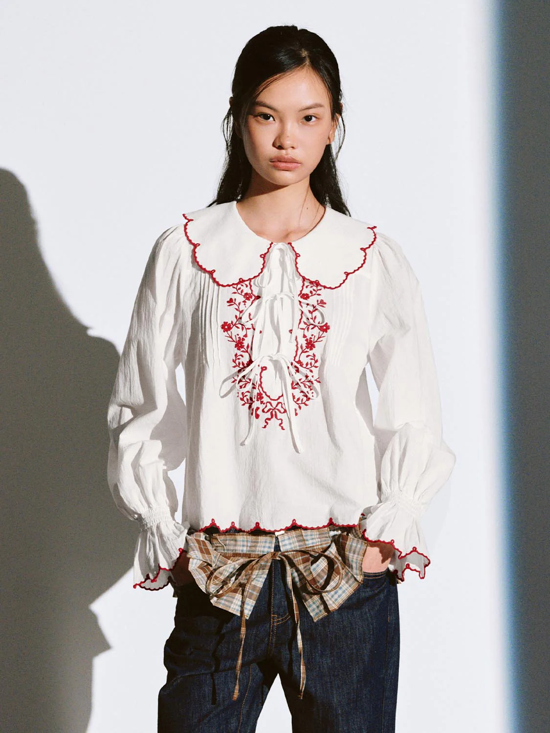 Contrast Ruffle Trim Tie Detail Overhead Shirts